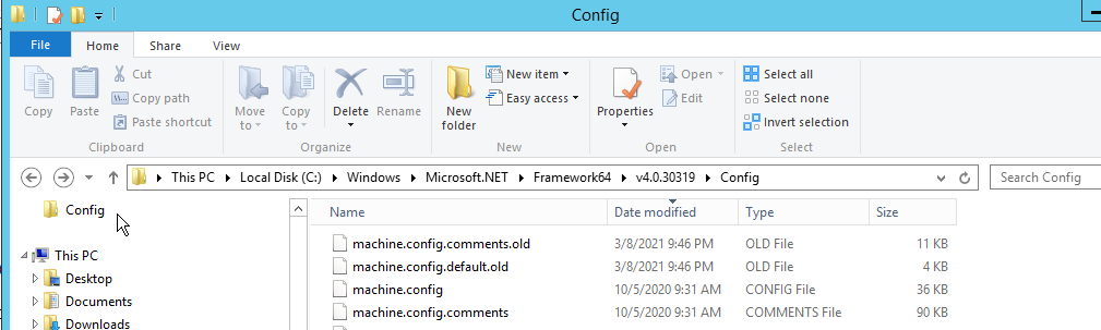 screenshot of .net v4.0.30319 config folder
